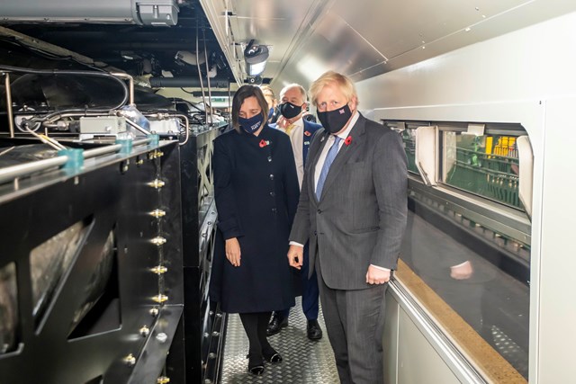 Boris Johnson is shown inside the HydroChamber of the HydroFLEX train