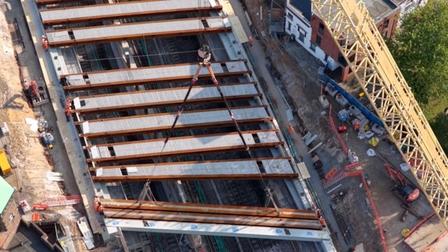 Aerial shot of new beams in position on new Greek Street bridge August 2025: Aerial shot of new beams in position on new Greek Street bridge August 2025