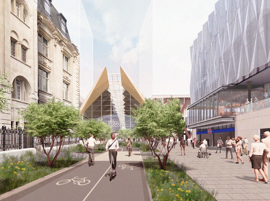 HS2 Euston station design update November 2022 - Southern View: View of proposed HS2 station from the south. 
New entrance to London Underground.

Tags: Design, Station, Euston, London, Underground