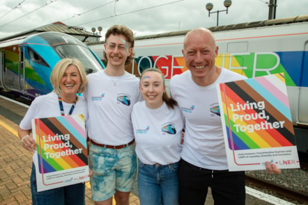 TPE’s Kathryn O’Brien (Customer Experience and Transformation Director), Sam Smalley (Data and Insights Manager), Chloe Howard (Trainee Conductor), and Chris Jackson (Managing Director) pictured in front of Unity Together ahead of York Pride 2024. Photo credits Jason Lock.
