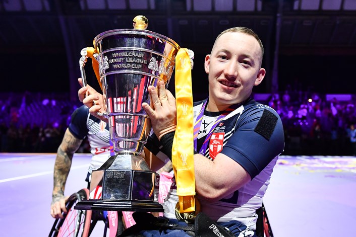 England 2: Nathan Collins celebrates victory in last year's Wheelchair Rugby League World Cup final. Credit: SWpix.com.