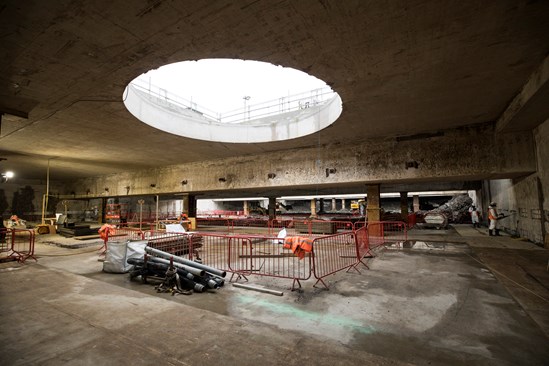 Construction progress at HS2's Old Oak Common Station 9: Image of the intermediate concourse level of the future Old Oak Common Station.