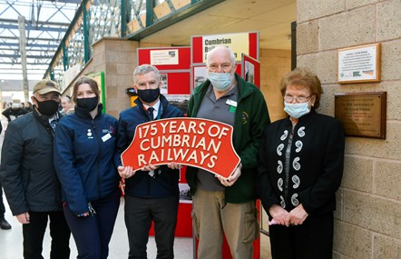 (L - R): Ken Harper (Trustee at Cumbrian Railways Association); Katie Smith (Avanti West Coast Customer Service Assistant); Mark Green (Avanti West Coast Station Manager); Philip Tuer (Chairman of Cumbrian Railways Association); Moira Wilson (ex-railway worker)