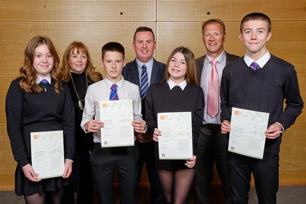 Cllr Elaine Cowan, Cllr James Adams, HT Scott Robertson with S2's who earned their John Muir Award