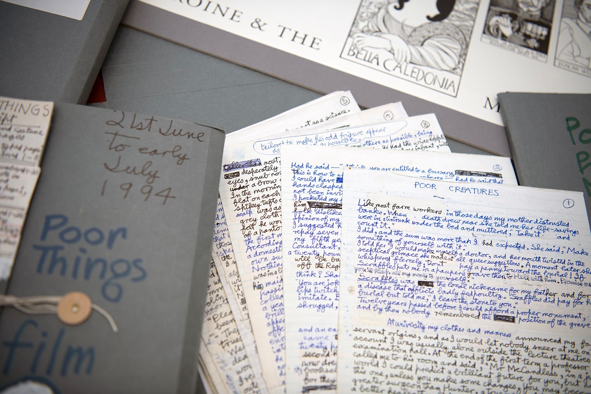 Early manuscripts of Poor Things in the hand of Alasdair Gray, and a glimpse of his artwork.