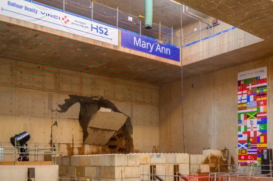 Headwall falling as HS2 Tunnel Boring Machine Mary Ann completes first tunnel breakthrough in Birmingham: Location: Bromford tunnel portal west, Washwood Heath, Birmingham