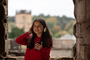 Linlithgow Scots Audio Guide: Martha, who voices the young Princess Elizabeth, daughter of James VI & Anna of Denmark, listening to the new Scots audio guide at Linlithgow Palace.