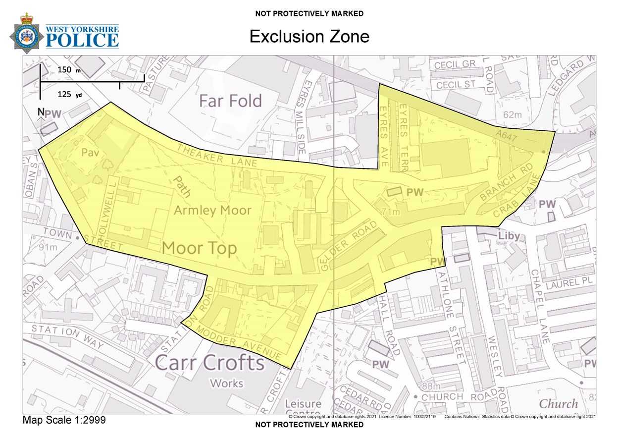 Armley Exclusion Zone v2 14.04.21-2: Drinking alcohol on the street in those areas of Morley designated by yellow in this map will be prohibited.