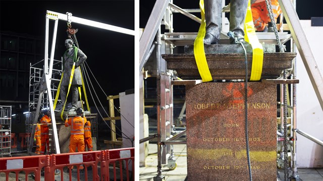 Safe storage for Stephenson statue during Euston’s HS2 transformation: Robert Stephenson statue removal composite