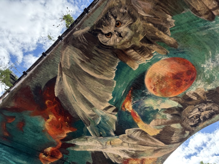 Mural Penny Pocket Park-3: Located on Church Walk in the viaduct under the railway tracks, the new mural incorporates two giant owls flying overhead, underwater scenes and a carved face emerging from a rock wall.