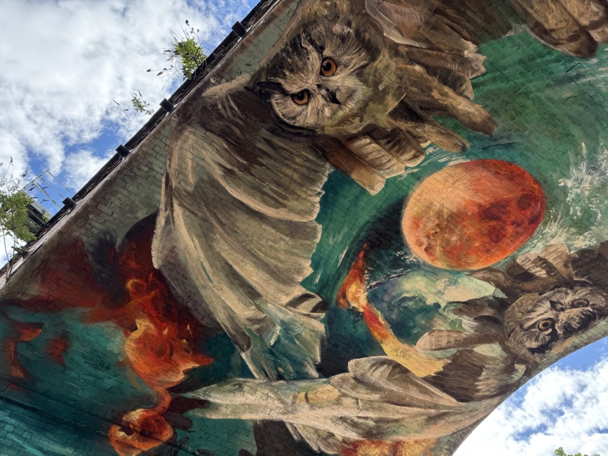 Mural Penny Pocket Park-3: Located on Church Walk in the viaduct under the railway tracks, the new mural incorporates two giant owls flying overhead, underwater scenes and a carved face emerging from a rock wall.