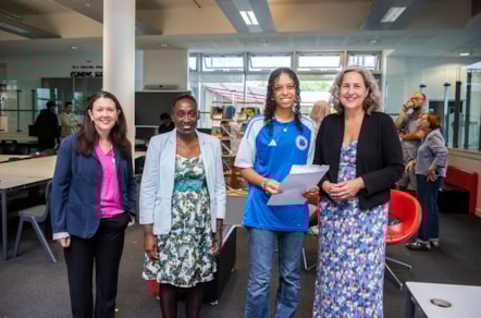 Mayor Caroline Woodley, Deputy Mayor Anntoinette Bramble, and Cllr Anya Sizer with Gabrielly from Skinners Academy on A-level results