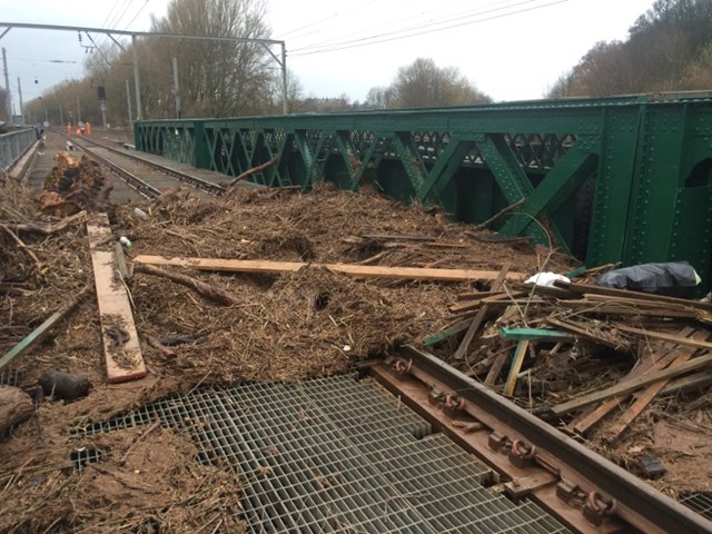 Debris strewn across the Caldew Viaduct north of Carlisle