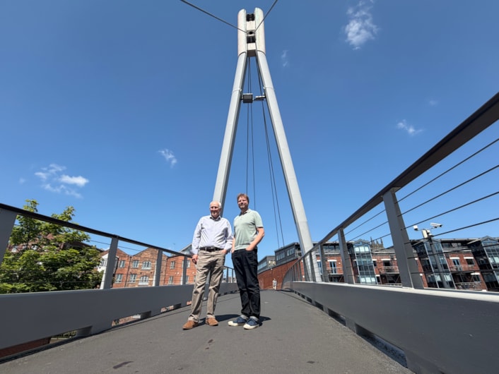 Centenary Bridge: This week, Colin Harris, the bridge’s original designer, visited the site to get an up-close look at their work and reminisce about his role in bringing the project to life. Colin (left) was joined by Paul Ellison, Paul Ellison co-chair of the Quality Spaces and Places and Leeds Waterfront Group, who have supported the project.