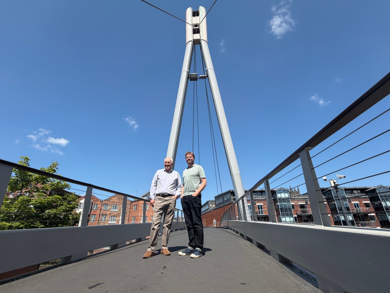 Centenary Bridge: This week, Colin Harris, the bridge’s original designer, visited the site to get an up-close look at their work and reminisce about his role in bringing the project to life. Colin (left) was joined by Paul Ellison, Paul Ellison co-chair of the Quality Spaces and Places and Leeds Waterfront Group, who have supported the project.