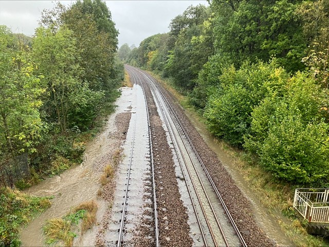 Passengers in Yorkshire urged to check before travelling as Storm Babet having severe impact on railway in the region: Flooding at Horsforth 2, Network Rail-2