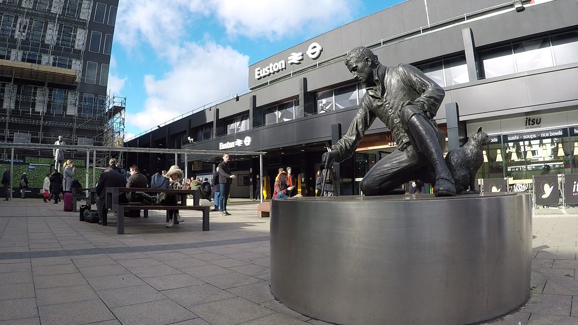 Euston station closed and major engineering work in the West Midlands over Easter and May bank holidays: Euston station exterior Flinders statue March 2019