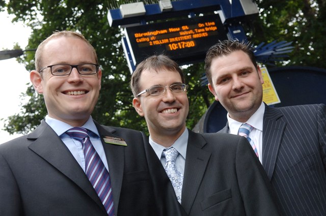 Left to right: London Midland commercial director Alex Hynes, Cllr Tim Huxtable – Centro’s lead member for rail, and Darren Horley, senior route planner, Network Rail, announce the £2m investment on the Chase Line.