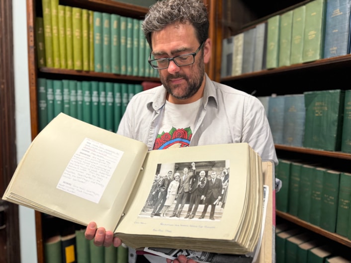 World Cup heroes at library: The book and photograph date from August 3, 1966 when then Lord Mayor of Leeds, Alderman Joshua S Walsh, hosted a prestigious civic reception honouring the victorious players at Leeds Civic Hall.
Pictured is special collections librarian Antony Ramm with the album.