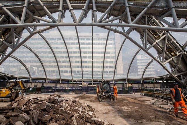 Looking throught the ETFE atrium at Birmingham New Street Station: A view from inside the atrium at Birmingham New Street Station