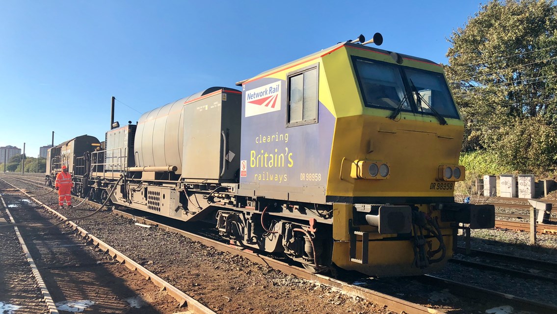 Turning over a new leaf: rail industry invests in new kit to keep passengers moving this autumn: Autumn treatment train at a depot