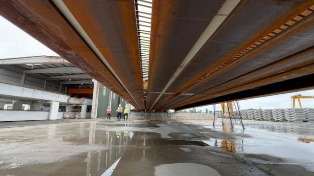 Underside view of the new Greek Street bridge at its manufacturing site in Ireland: Underside view of the new Greek Street bridge at its manufacturing site in Ireland
