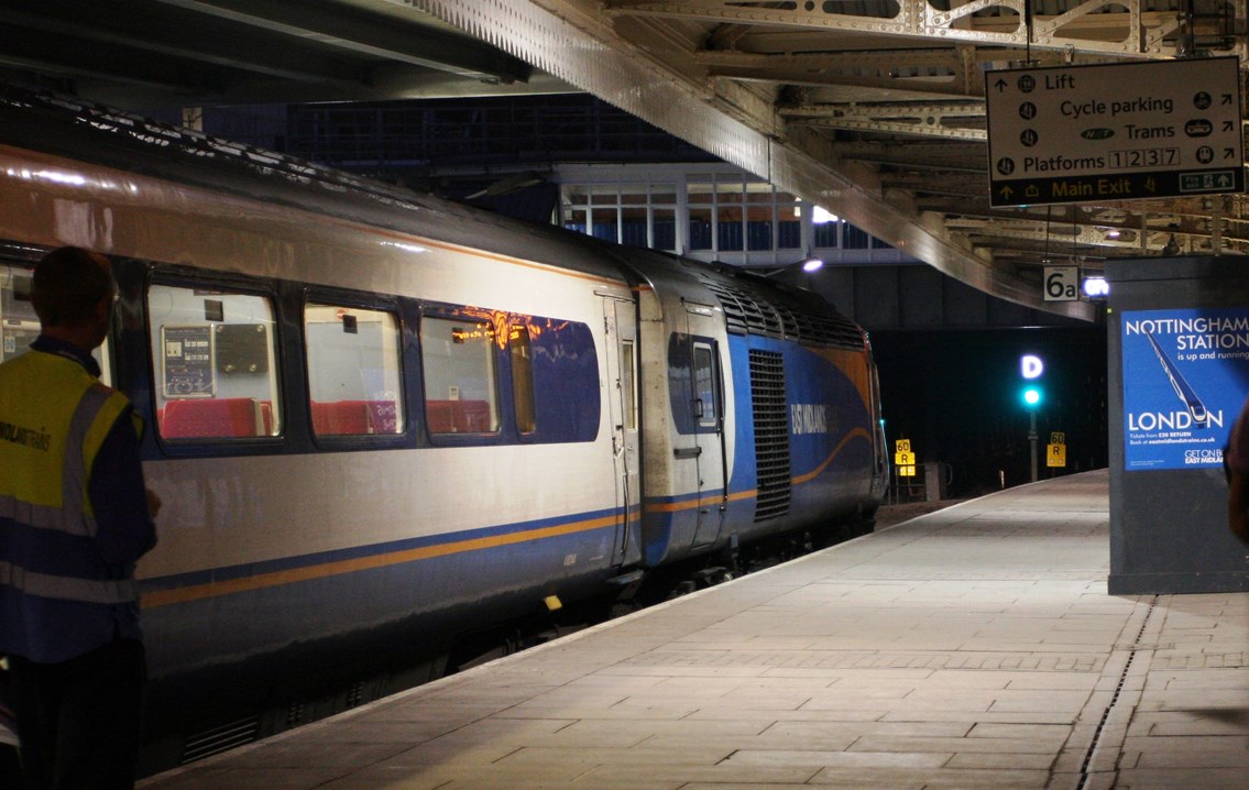 The first train out of Nottingham to the West in five weeks!: The first train out of Nottingham to the West in five weeks! This is the 0531 to St Pancras, on Monday, August 26.