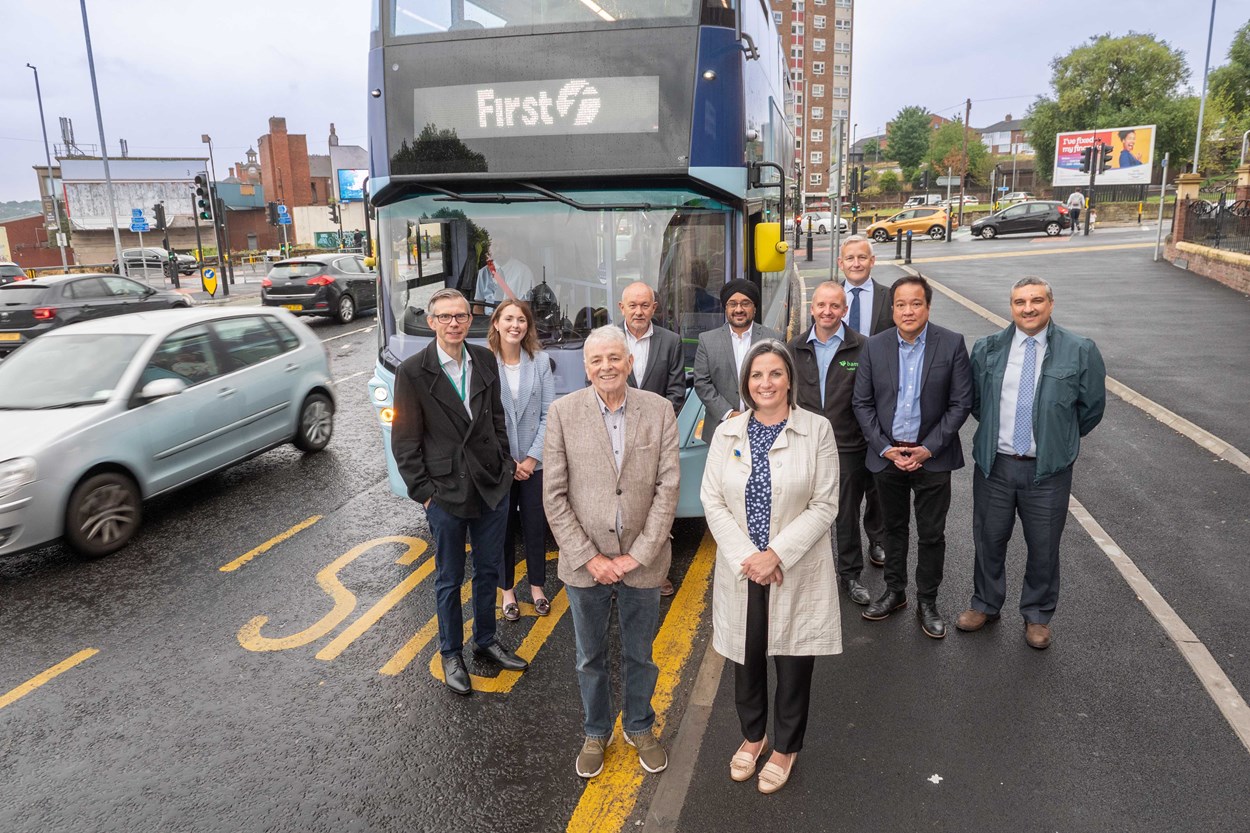 A647 completion celebration: Cllr Helen Hayden, Cllr James McKenna, Sabby Khaira - LCC, Lem Knowles – LCC, James Bennett - WYCA, Andy Crampton - BAM, Charlotte Blakeley - BAM, Damion Wilkins - BAM, Simon Carlisle, Engineering Director, First West Yorkshire, Mohammed Raja, Operations Manager (Bradford depot) First