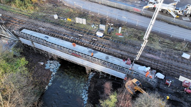 Aerial shot of new bridge deck in Carlisle after freight derailment