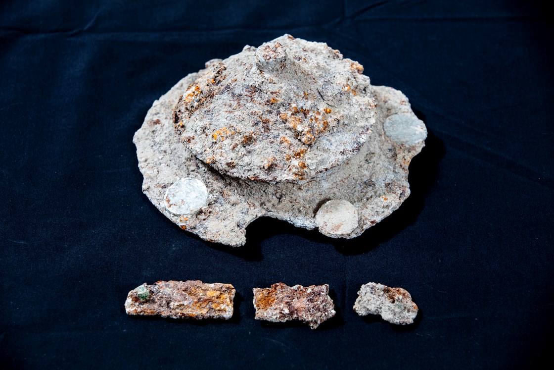 A carinated iron shield boss uncovered during the archaeological excavation of an Anglo Saxon burial ground in Wendover: Carinated iron shield boss with handle, dated mid-5th – mid-6th century, decorated with silver gilt discs, uncovered during HS2 archaeological excavations in Wendover.

Tags: Anglo Saxon, Archaeology, Grave goods, History, Heritage, Wendover, Buckinghamshire