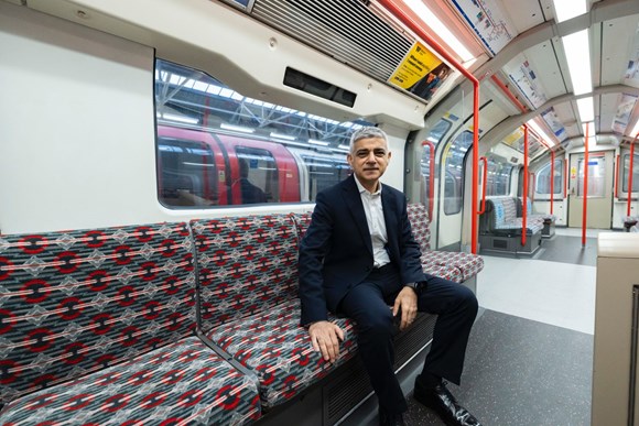 TfL Image - Sadiq Khan, Mayor of London using new Central line seating
