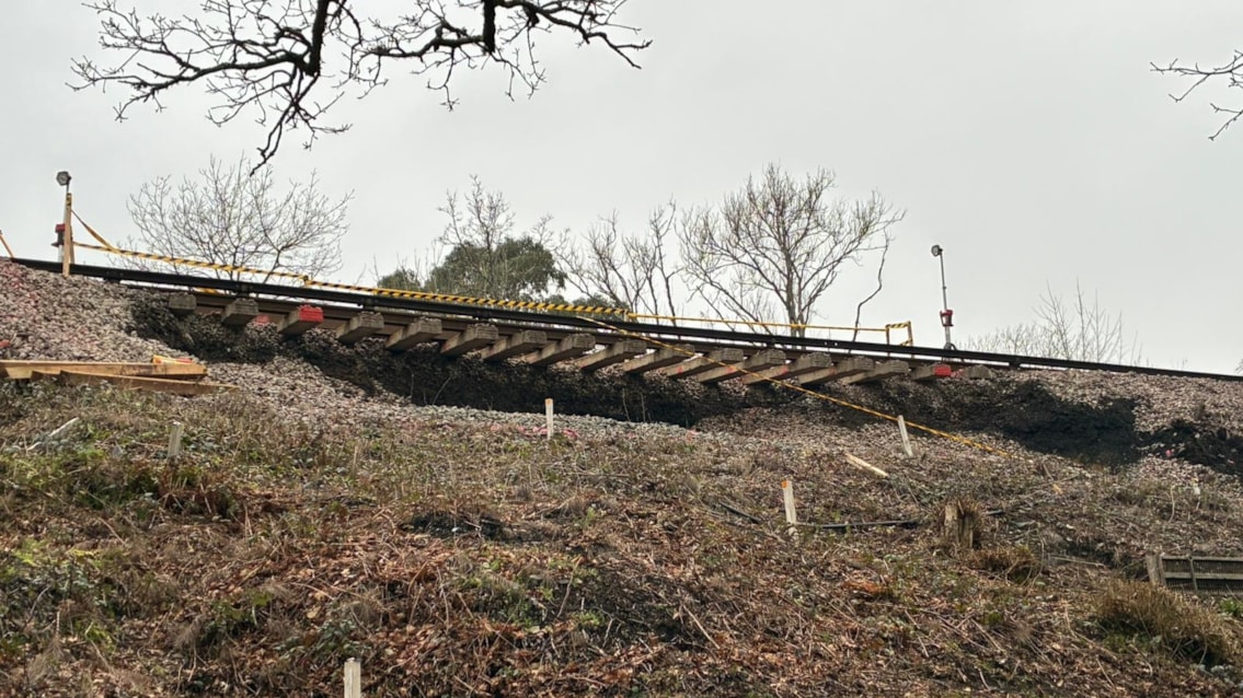 VIDEO: Disruption expected until Monday 16th February after landslip at Ockley damages railway between Horsham and Dorking: Ockley landslip view from embankment