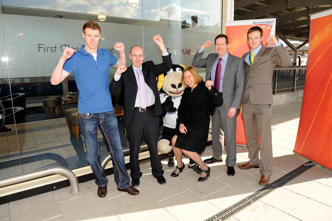 From left to right: Stephen Pearson, Derby County FC player; Martin brown, operations risk advisor Network Rail; Rammie; Dyan Crowther, route director Network Rail; Tom Glick, CEO Derby County FC; and Richard Pedley, community safety manager Network Rail.: From left to right: Stephen Pearson, Derby County fc player; Martin brown, operations risk advisor Network Rail; Rammie; Dyan Crowther, route director Network Rail; Tom Glick, CEO Derby County fc; and Richard Pedley, community safety manager Network Rail.