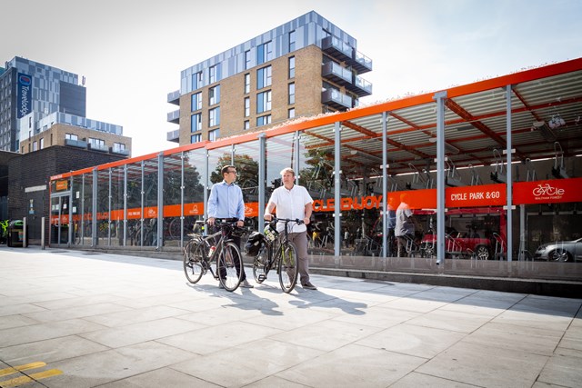 TfL Image - Will Norman and Cllr Clyde Loakes at a cycle parking hub in Walthamstow 02