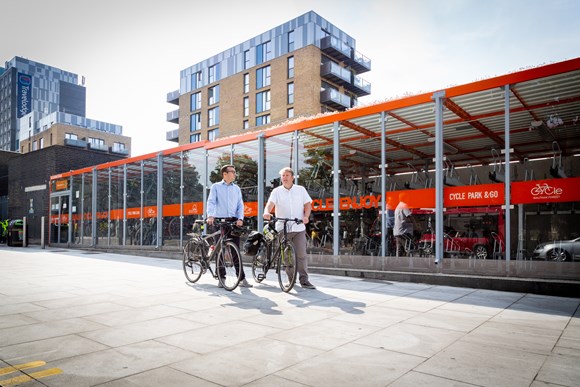 TfL Image - Will Norman and Cllr Clyde Loakes at a cycle parking hub in Walthamstow 02