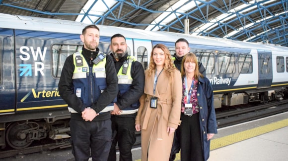 South Western Railway achieves 100% in safeguarding accreditation for the third year running: SWR security and safeguarding colleagues (L to R - Phillip White, Noor Arzomand, Agnieszka Morille, Shane Knight and Jacqueline Turner)