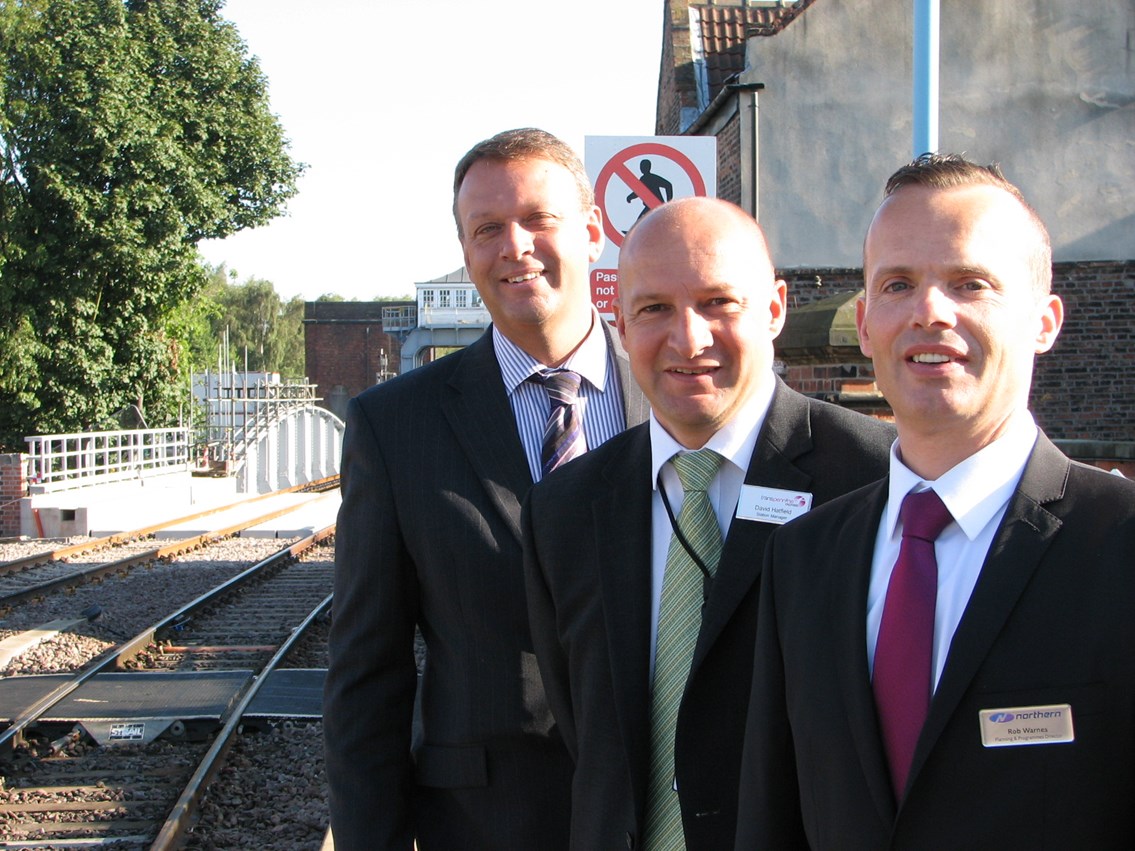 Reopening of Selby swing bridge: L - R Mark Tarry, area director, Network Rail; David Hatfield, Station Manager, North Humber & North Yorks Area, First TransPennine Express; and Rob Warnes, planning and programmes director, Northern Rail September 2014