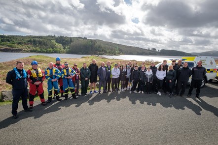 Scotland's first outdoor water safety training at Loch Doon with Cllrs Drew Filson and Elaine Stewart, young people from Doon Academy, Head Teacher Kenneth Reilly and partners including Scottish Fire and Rescue, Scottish Ambulance and HMS Coastguard