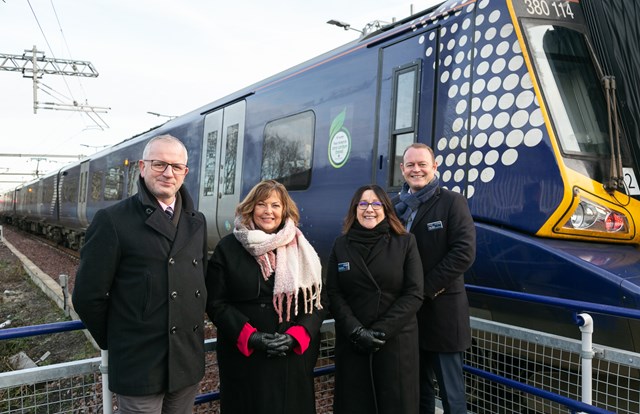 First electric train Barrhead 3: Damian Briody, of Transport Scotland, Transport Minister Fiona Hyslop, Kirsty Devlin, of ScotRail, Alex Hynes, MD Scotland's Railway.