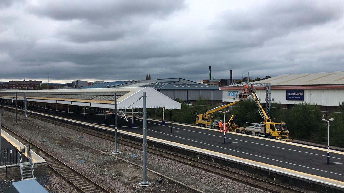 Bolton station overhead line installation