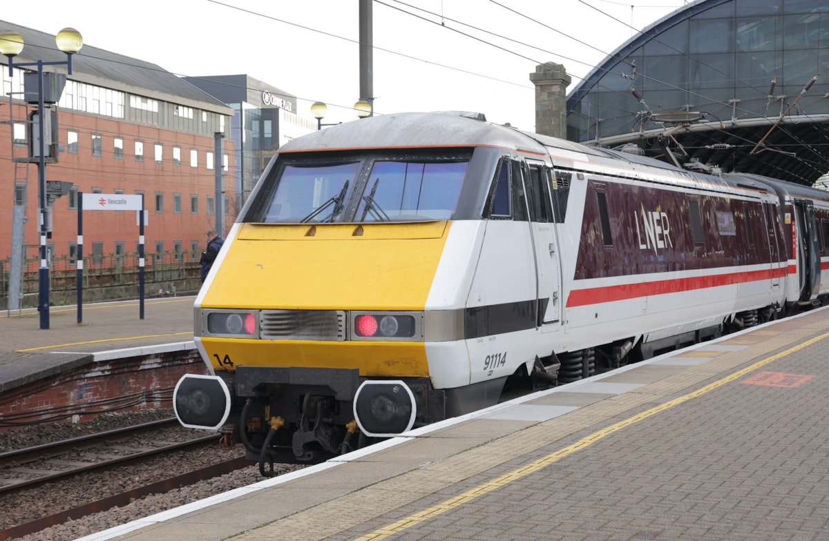 LNER Class 91 'Durham Cathedral' sits at Newcastle station after arrival from London King's Cross