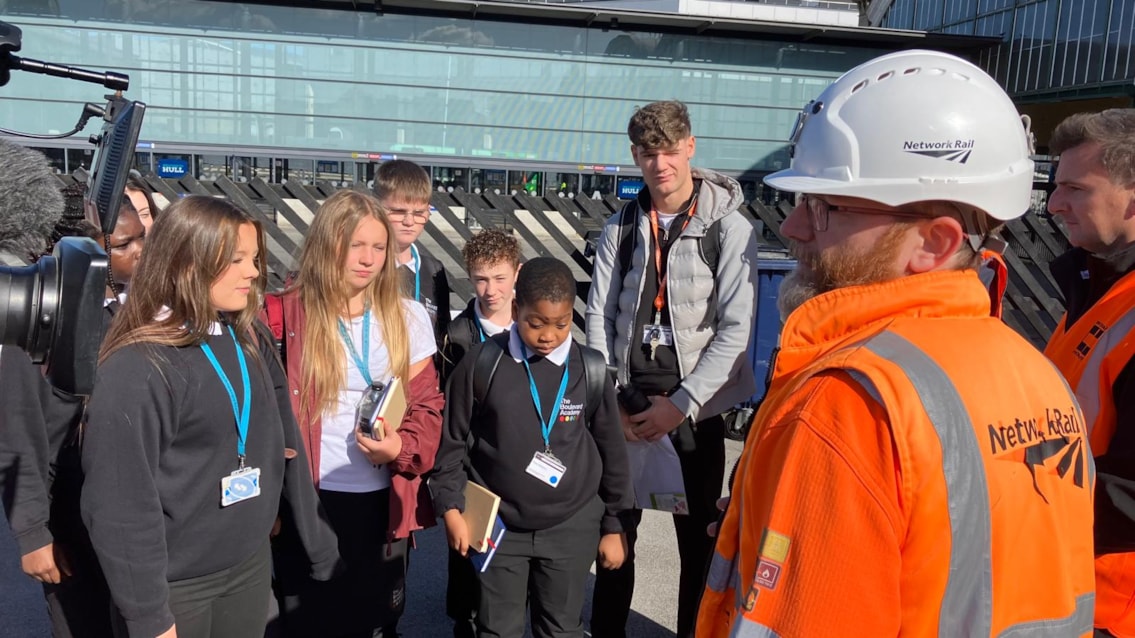 Hull pupils become ‘safety ambassadors’ to help tackle annual spike in railway incidents: Network Rail level crossing manager Barry Rusk giving rail safety talk 1