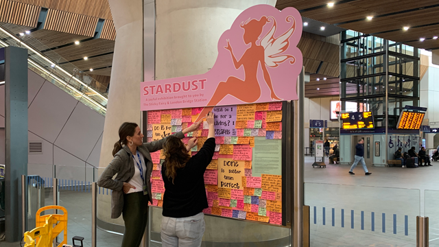 Passengers travelling through London Bridge receive a visit from the “Sticky Fairy” who has sprinkled some positivity around the station: Stardust exhibition at London Bridge station