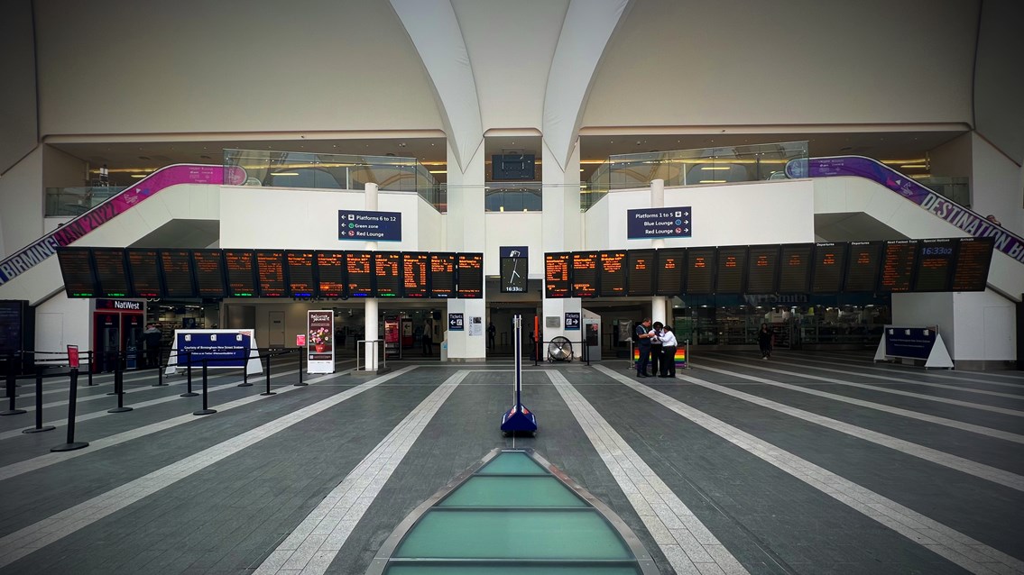 Severely limited trains at Birmingham New Street during RMT strike: Birmingham New Street empty concourse departure boards during June 2022 strikes