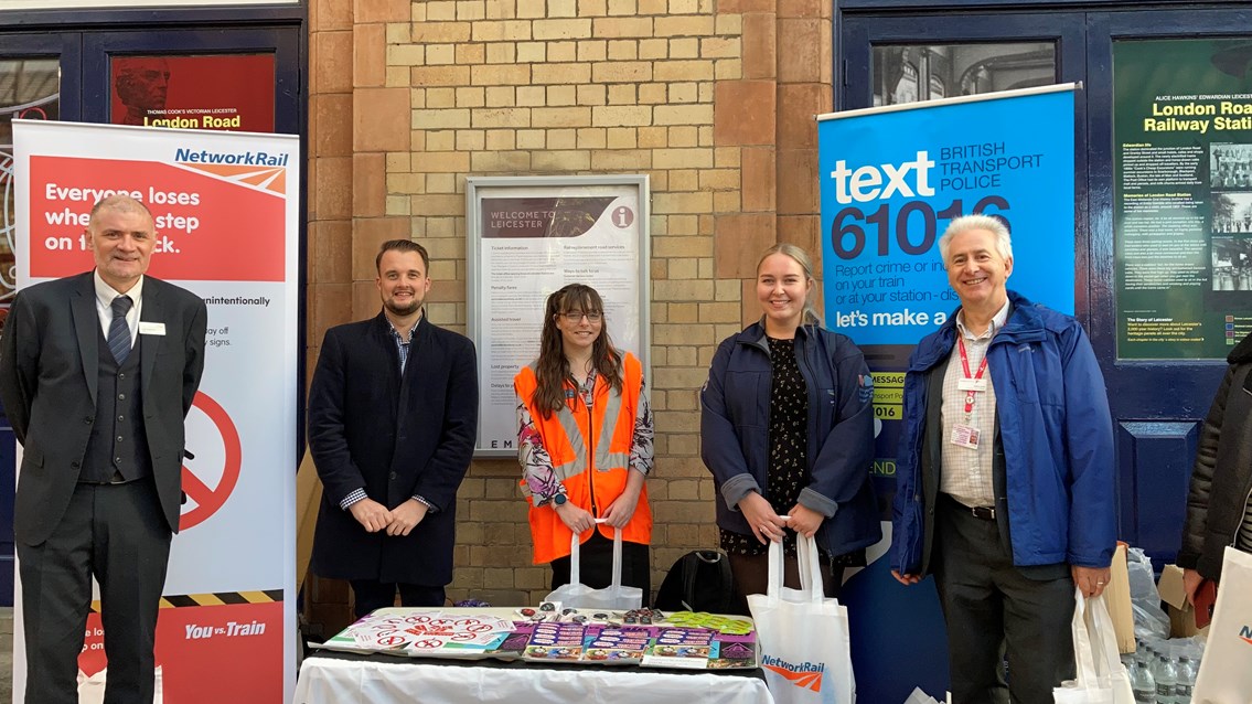 Trespass and Vandalism community event, Leicester station: L to R: Steve Hopkinson, Operations Director Network Rail, Seb Cabot, Head of Passenger Experience Network Rail, Louise Tilly, Seasons Delivery Specialist Network Rail, Lauren Cockayne Community Safety Manager Network Rail, David Jones, Stakeholder Liaison Manager Cross Country Trains