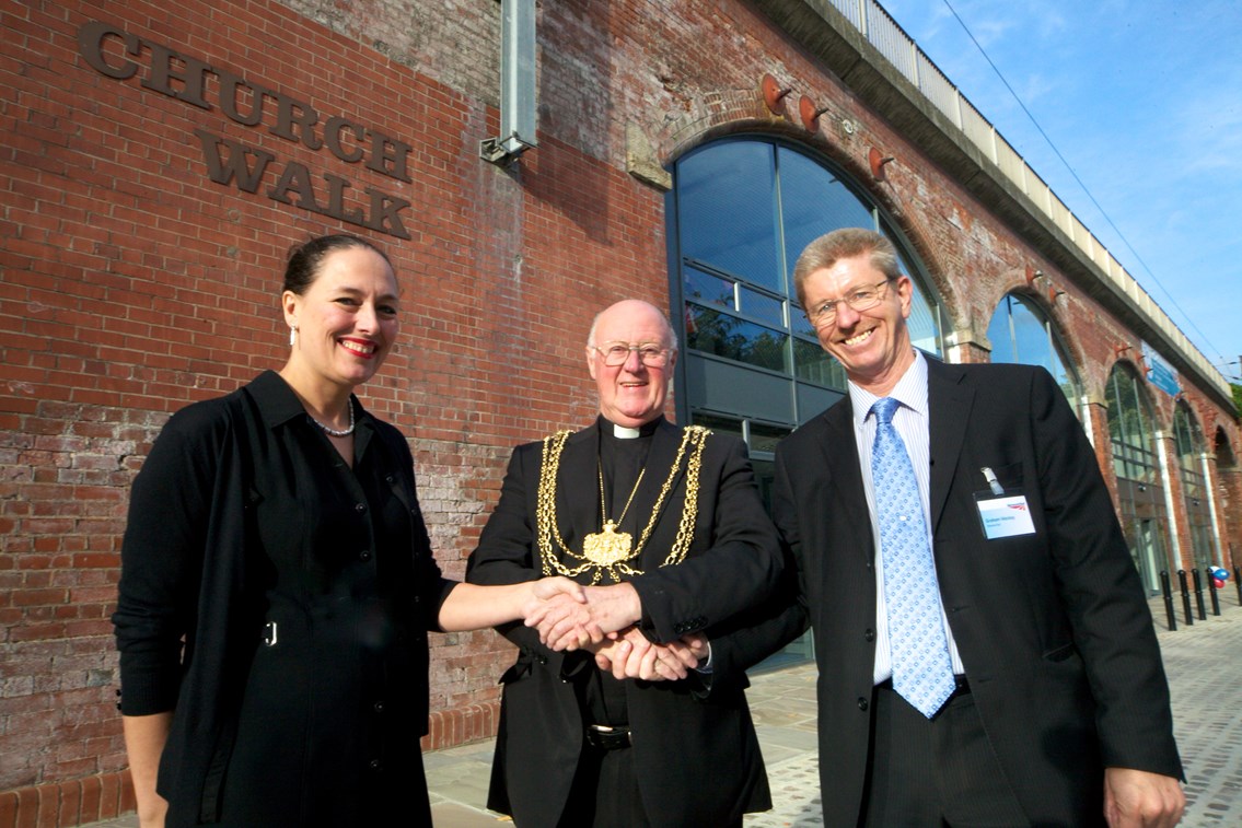 Leeds Church Walk arches - officially opened by Lord Mayor of Leeds: The Lord Mayor of Leeds has officially opened Network Rail’s £1.25 million redevelopment of its Church Walk arches in the Kirkgate area of Leeds.Pictured here with Simone Bailey, Network Rail's head of commercial estate and Graham Mackay, network rail's lettings manager.