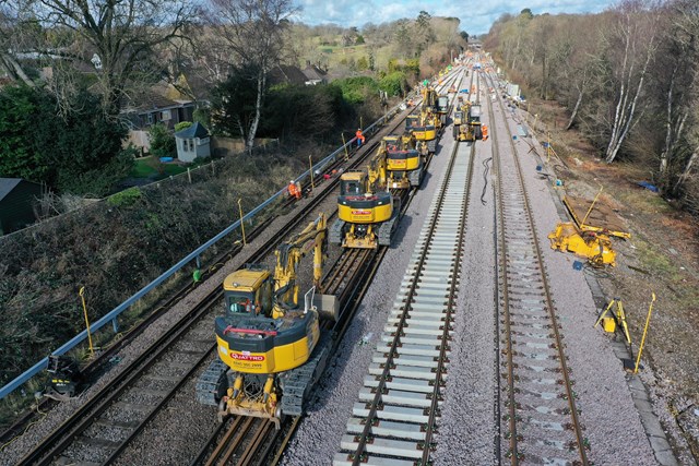 VIDEO: Brighton Main Line reopens to passengers after Network Rail battles through storms to deliver £15m improvement works: Copyhold Junction near Haywards Heath during the 9-day blockade of the Brighton Main Line