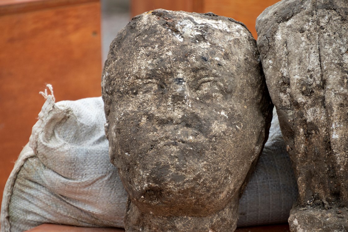 Male head from statue - Roman artefacts from St Mary's Archaeological dig - Stoke Mandeville, Buckinghamshire-18: Male head of Roman statue discovered during a HS2 archaeological dig at the site of old St Mary’s church in Stoke Mandeville, Buckinghamshire. The artefacts were found underneath the footprint of a Medieval church that was being excavated. 

Tags: Roman, Archaeology, Stoke Mandeville, Buckinghamshire