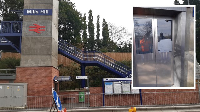 Station lift kicked in by vandals just 15 months after being built: Mills Hill station exterior and damage composite