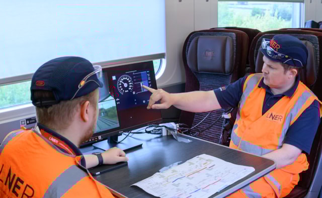 LNER ETCS engineer Rob Evans demonstrating livefeed from Driver Machine Interface: LNER ETCS engineer Rob Evans demonstrating livefeed from Driver Machine Interface